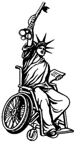 Freiheitsstatue im Rollstuhl sitzend mit Schlüüsel statt Fackel in der Hand