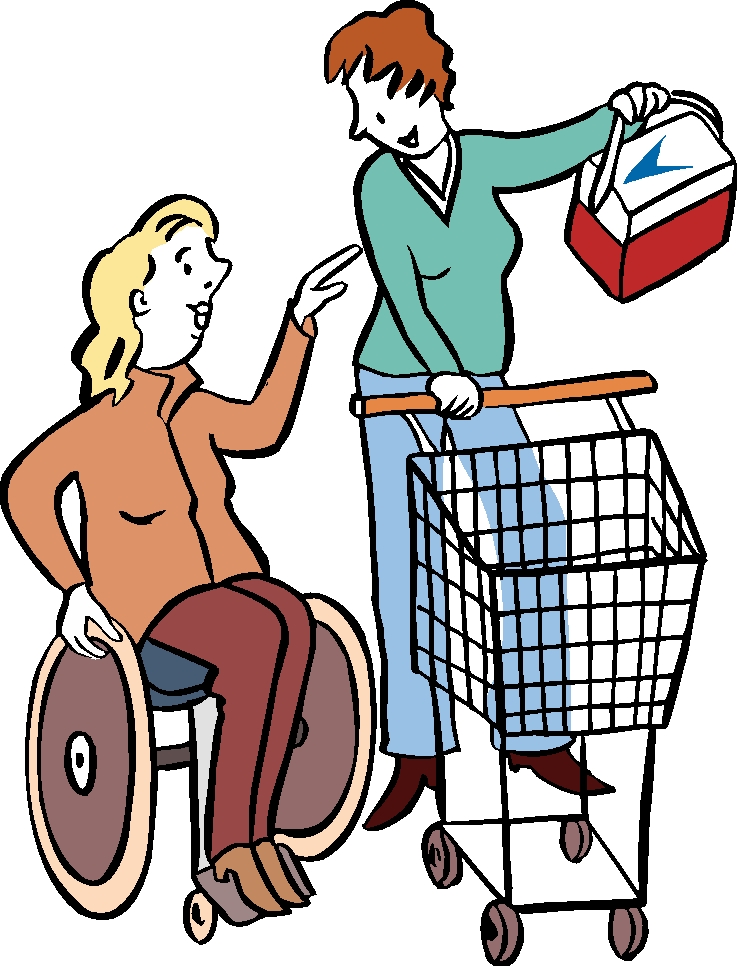 Assitenz hilft Rollstuhlfahrerin beim Einkauf
